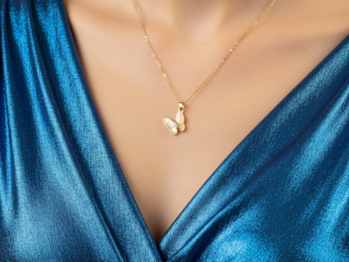 Golden Mother-of-Pearl Style Butterfly Pendant Necklace